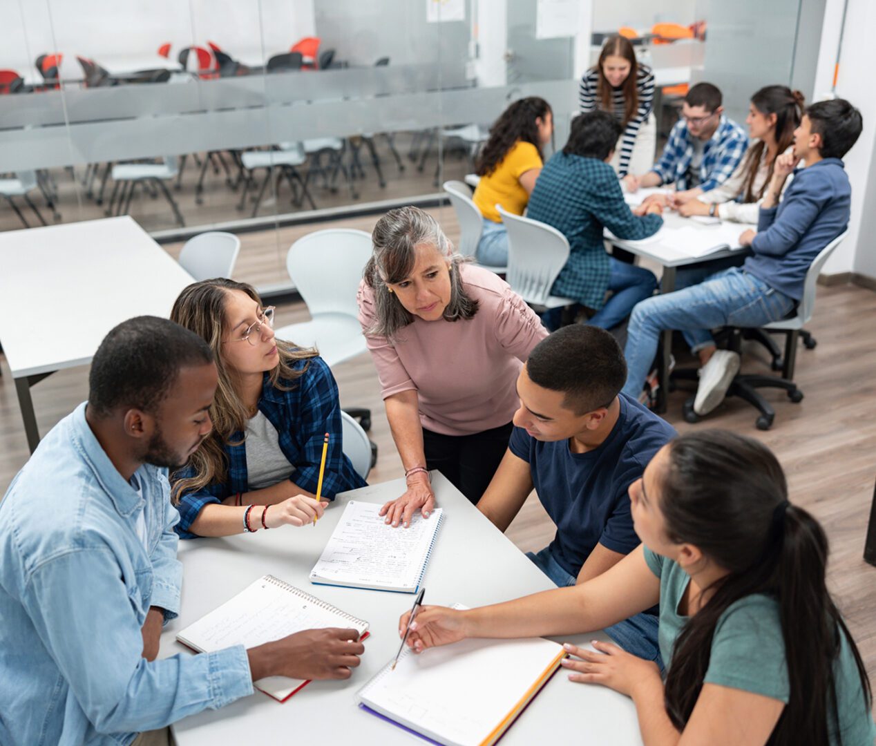 Teacher assisting students with work